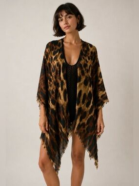 Steve Madden Leopard Print Rayon Wrap Shawl NWT Brown Green Tan Fringe OS